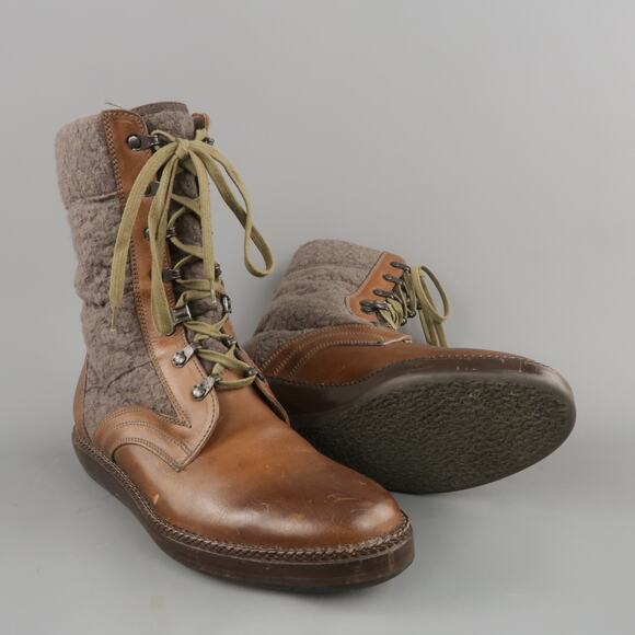 LANVIN Size 7 Brown  Leather & Textured Lace Mid Calf Combat Boots main image 8